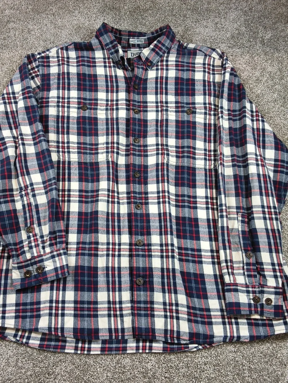 Duluth Trading Co. Untucked 2XL Tall Plaid Cotton Flannel Shirt white/blue/red